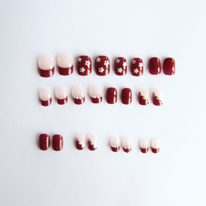 <span class=keywords><strong>Uñas</strong></span> Postizas Rojo Cereza Otoño Invierno, <span class=keywords><strong>Uñas</strong></span> Cortas con Perlas para Año Nuevo, <span class=keywords><strong>Uñas</strong></span> Artificiales Cuadradas con <span class=keywords><strong>Flores</strong></span> para Boda - Product Image 2