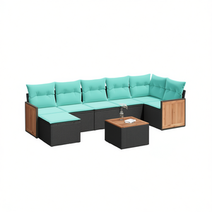 8 Piece Black Poly <b>Rattan</b> Garden <b>Sofa</b> Set With Cushions Outdoor Furniture Contemporary Design Teak Wood Panels - Product Image 1