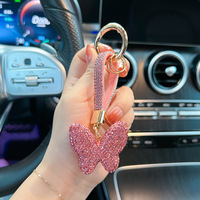 Femme élégant Portable plein strass cuir Strass lanière sac pendentif à breloques voiture porte-clés cristal papillon porte-clés