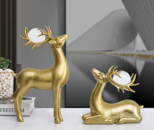 Coppia di cervi con sfera di cristallo - formato grande - motivo marmorizzato