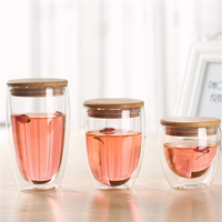Tazas de Viaje de Vidrio Borosilicato de Doble Pared de 8oz, 12oz y 16oz, con Tapa de Bambú Aislante, Resistentes al Calor, Estructura de Doble Capa, Sopladas a Mano