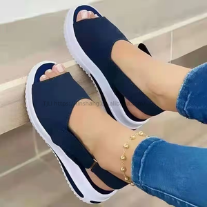 Women Supply Color Block European and American Style Magic Tape Peep Toe <b>Sandals</b> Summer Suede Thick Sole Wedge <b>Sandals</b> Wholesale - Product Image 4