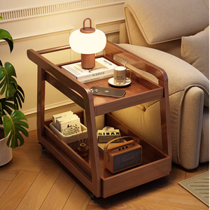 Chariot de ménage en <span class=keywords><strong>bois</strong></span> massif, petite <span class=keywords><strong>table</strong></span> basse et <span class=keywords><strong>table</strong></span> d'appoint mobile avec étagère de rangement pour salon, utilisation au canapé - Product Image 1