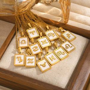 Twelve <b>Constellation</b> Shell Inlaid 18K Gold Pendant Stainless Steel <b>Necklace</b> For Daily Wear Gift - Product Image 1