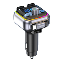 Chargeur de voiture portable 45W avec cordon USB-C rétractable, charge rapide, pour modulateur FM stéréo, transmetteur mains libres, lumière RGB