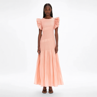 Nouvelle Robe Longue Plissée Pêche à Col Rond et Manches Courtes Volantées, Taille Haute Smockée, à Étages, Personnalisée pour Femme, Idéale pour les Vacances