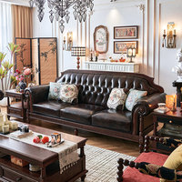 Ensemble de canapés en cuir véritable de style américain rétro en bois massif, cuir de vachette première couche, rembourrage en éponge haute densité et latex, pour salon