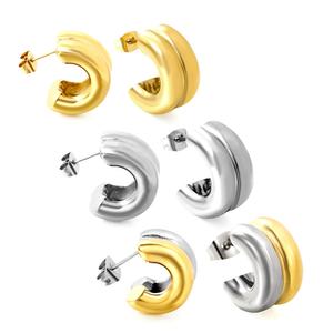 Boucles d'oreilles créoles épaisses en acier inoxydable, plaquées or 18 carats, bicolores, résistantes au ternissement, bijoux tendance - Product Image 4