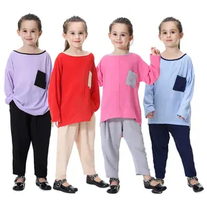 C0046 yeni varış Dubai müslüman kız üst pantolon çocuk giyim seti gömlek kıyafet 2 parça setleri bebek çocuk takım elbise