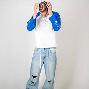 T-shirt en jersey à manches longues, coupe ample, style streetwear pour hommes, hip-hop, poids lourd, blanc et noir, imprimé sur mesure en maille - Product Image 5
