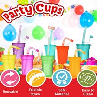 Gobelets de fête pour enfants en plastique incassable et léger, avec couvercles et pailles, lot de 6, 12 oz, gobelets à boire néon colorés, cadeaux de fête