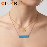 Fabricant de bijoux personnalisés LUCKYJIU, collier minimaliste plaqué or 18 carats imperméable avec pendentif barre bleue et disque rond pour femmes