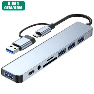 Hub USB c 8 em 1 para dados, estação de acoplamento de alumínio USB 3.0 por hub, hubs USB para laptop e telefone, OEM ODM