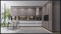 Meuble de cuisine modulaire moderne personnalisé avec éclairage LED, étagères en verre, finition mélaminée de haute qualité, tiroirs à glissières en MDF laqué/acrylique