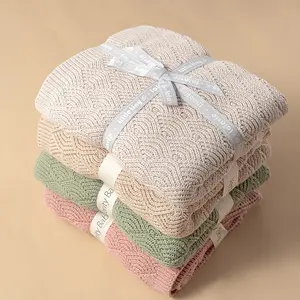 2024 New Style Factory Price Custom 100% Organic Cotton Soft Baby Crochet Knitted Sea Shell Stitch Baby Blanket for newborns