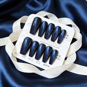 Faux <span class=keywords><strong>ongles</strong></span> longs en amande à presser, <span class=keywords><strong>bleu</strong></span> <span class=keywords><strong>marine</strong></span> effet œil de chat, 10 pièces, faits main, couvrance totale, en acrylique, pour fêtes et usage quotidien - Product Image 4