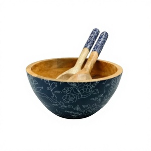Bol en bois imprimé en bois de manguier avec cuillères à salade de taille moyenne en finition émaillée Fabrication sur mesure Service de salade de fruits ronde - Product Image 1
