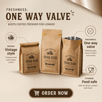 Sachet de café à fermeture à lien métallique avec valve et soufflet latéral, personnalisable, en papier kraft anti-odeur, pour 250g, 500g, 1lb de grains entiers ou moulus