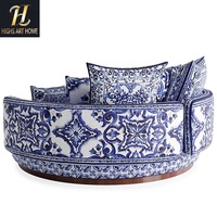 Canapé pivotant rond de luxe moderne en tissu à motifs de porcelaine bleue et blanche de qualité supérieure pour villas ou hôtels