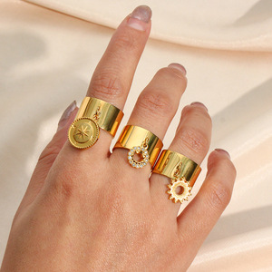 Anelli Aperti con Ciondolo a Goccia, Luna e Aeroplano in Acciaio Inossidabile Placcato Oro 18K, Stile Trendy all'Ingrosso - Product Image 2