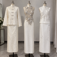 Ensemble deux pièces pour femmes, style chinois, satin ivoire brodé, col mandarin, sur mesure OEM ODM, vêtements de soirée pour femmes, vente en gros