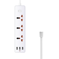 Multiprise de style européen 3 voies avec câble de 1,8 m, 2 ports USB-A/0-C, 3 prises CA 10A 110V/220V, noir et blanc