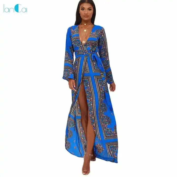 Custom Design Wholesale Clothing Bohemian Casual Dresses Long Sleeve Maxi Beach Dress