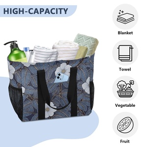 กระเป๋าช้อปปิ้งผู้หญิงลายพิมพ์ดอกพุดสีน้ำเงินกรมท่าขนาดใหญ่พิเศษ พร้อมสายสะพายไหล่ และช่องเก็บความเย็น - Product Image 5