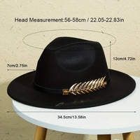 Chapeau Unisexe Classique Fedora Panama en Feutre de Laine pour Hommes et Femmes, Bords Larges, Vintage, Chapeau Jazz Unisexe avec Ruban et Feuilles Métalliques, en Laine, pour Extérieur