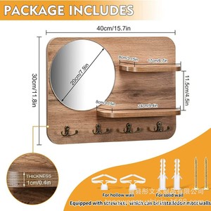 Wall Mounted Wooden Coat Rack With Mirror And <b>Shelves</b> Multi Purpose Storage For Entryway Bedroom <b>Hooks</b> Organizer - Product Image 5