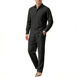 Ensemble de vêtements pour <span class=keywords><strong>homme</strong></span> printemps : <span class=keywords><strong>chemise</strong></span> boutonnée unie et <span class=keywords><strong>pantalon</strong></span> à cordon de serrage - Product Image 1