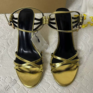 Nouvelles sandales à talons aiguilles sexy pour femmes, style français, à bout ouvert, couleur dorée avec bride de cheville - Product Image 1