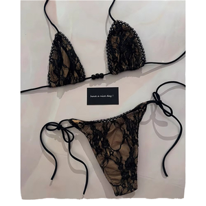 Conjunto de bikini de 2 piezas para mujer, a rayas, con aberturas, push-up, sin aros, de tiras, triángulo, corte alto y tanga atrevida - Product Image 1