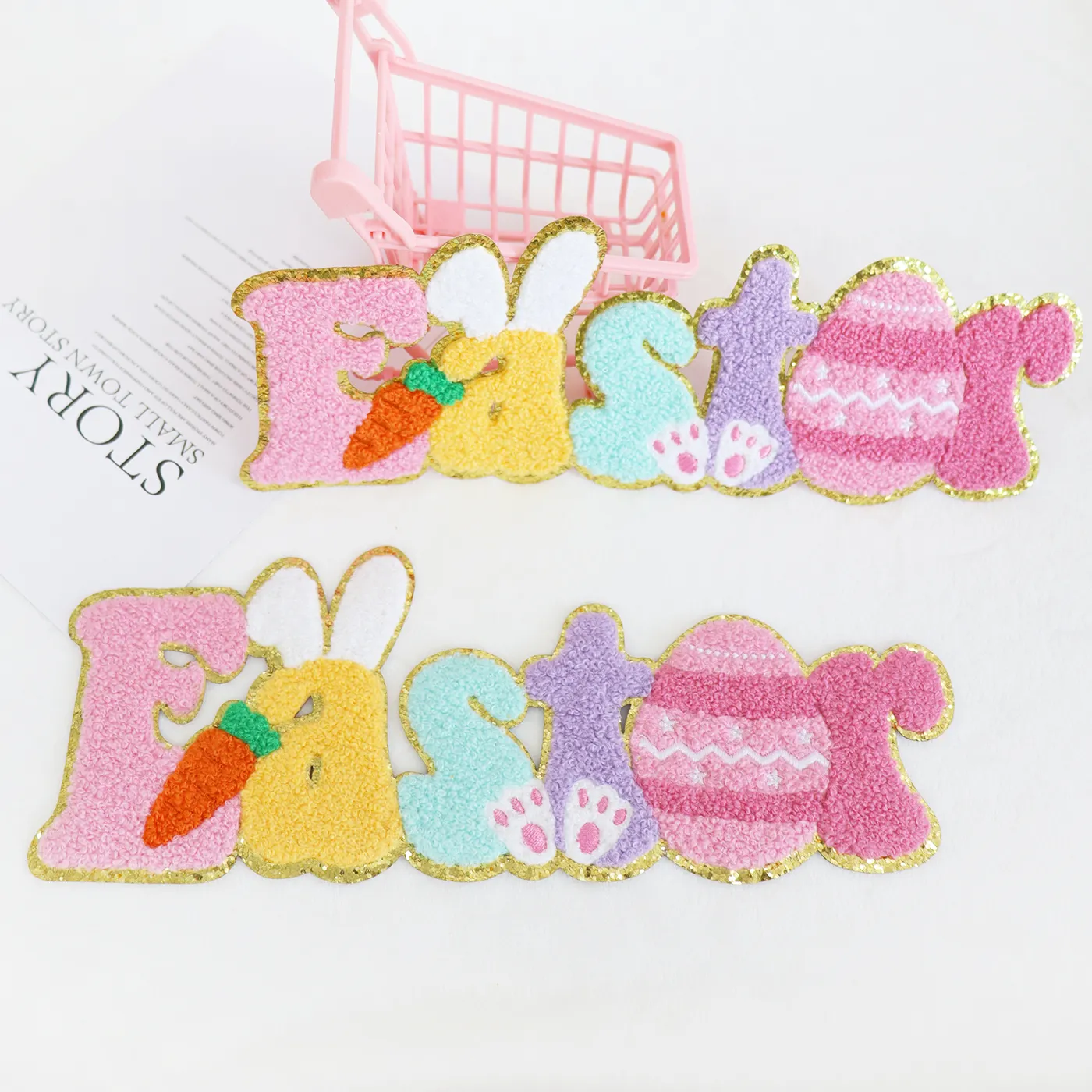 Parches de patrón de Pascua personalizados, parches de chenilla de conejo malo, ropa con capucha, Parche de lentejuelas, letras de Anime Iron On