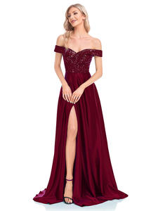 LY-PD0095 レディースフォーマル エレガント サテン パーティーガウン 女性用プロムスカート Aライン ノースリーブ レッグスリット入りイブニングドレス - Product Image 4