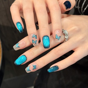 <span class=keywords><strong>Uñas</strong></span> Acrílicas Blue Enchantress con Efecto Ojo <span class=keywords><strong>de</strong></span> Gato Azul Oscuro Brillante y Mariposas Flotantes, <span class=keywords><strong>Uñas</strong></span> Postizas <span class=keywords><strong>de</strong></span> Cobertura Total con Pegamento - Product Image 3