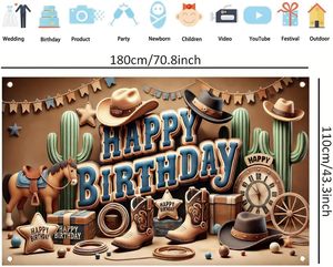 Bannière de fond Joyeux Anniversaire Thème Western Cowboy, Décorations de Fête, Accessoires Photo Bottes Chapeau Cactus Cheval Corde, 71 x 43 pouces - Product Image 2