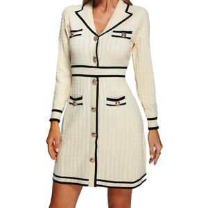 Robe midi ajustée en tricot chambray à col revers et manches longues pour femme, taille naturelle, avec boutons tendance – Vente en gros personnalisable de haute qualité pour l'automne - Product Image 3