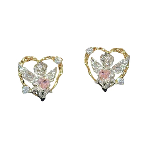 Orecchini a Cuore con Angelo in Ottone Placcato e Zirconia Cubica, Vendita all'Ingrosso, Regalo per Donne - Product Image 5