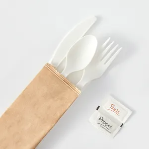 व्यक्तिगत पैकेजिंग Cornstarch पीएलए नैपकिन खाने के बर्तन सेट के साथ डिस्पोजेबल कांटा कटलरी सेट