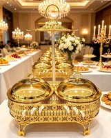 Chauffe-Plat Rond Double Suspendu Doré 16L en Acier Inoxydable pour Buffet, Maintien au Chaud des Aliments, Service de Traiteur pour Hôtels et Banquets