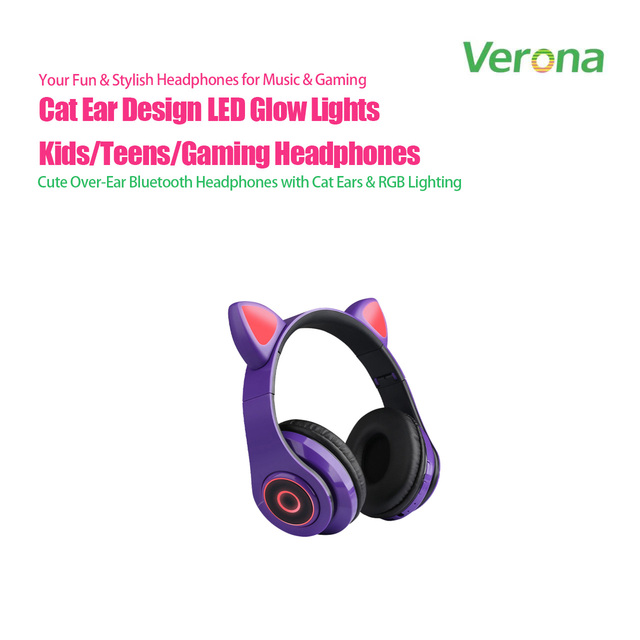 Purple Cat Ear Headphones Wireless Over-Ear Headset with LED Light Noise Cancelling Waterproof IPX-5 for Girls Gaming Daily Use