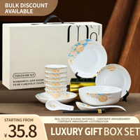 Service de table en porcelaine dorée à motifs floraux, 24 pièces, comprenant bols, assiettes, cuillères, coffret cadeau pour mariage, souvenir d'entreprise