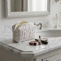 Pochette cosmétique en toile RPET matelassée à imprimé floral violet avec logo personnalisé, sac de maquillage avec fermeture éclair, organiseur de toilette de voyage