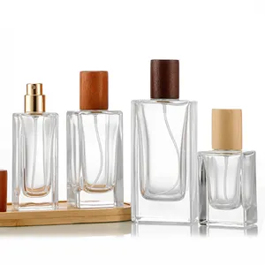 30Ml 35Ml 50Ml 100Ml Vierkante Lege Premium Cosmetische Heren Parfumglazen Fles Met Houten Plastic Schroefdeksel