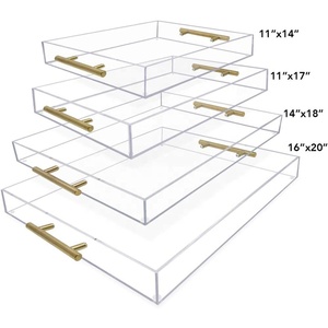 Plateau <span class=keywords><strong>de</strong></span> service en acrylique transparent avec poignées en métal doré, anti-déversement, empilable, organisateur, <span class=keywords><strong>pour</strong></span> servir des aliments et des boissons, intérieur/extérieur - Product Image 5