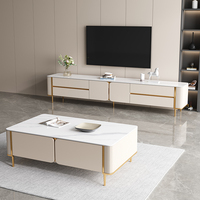Meuble TV moderne de luxe Modhomi avec plateau en pierre frittée, ensemble de meuble TV et table basse, table centrale blanche pour salon
