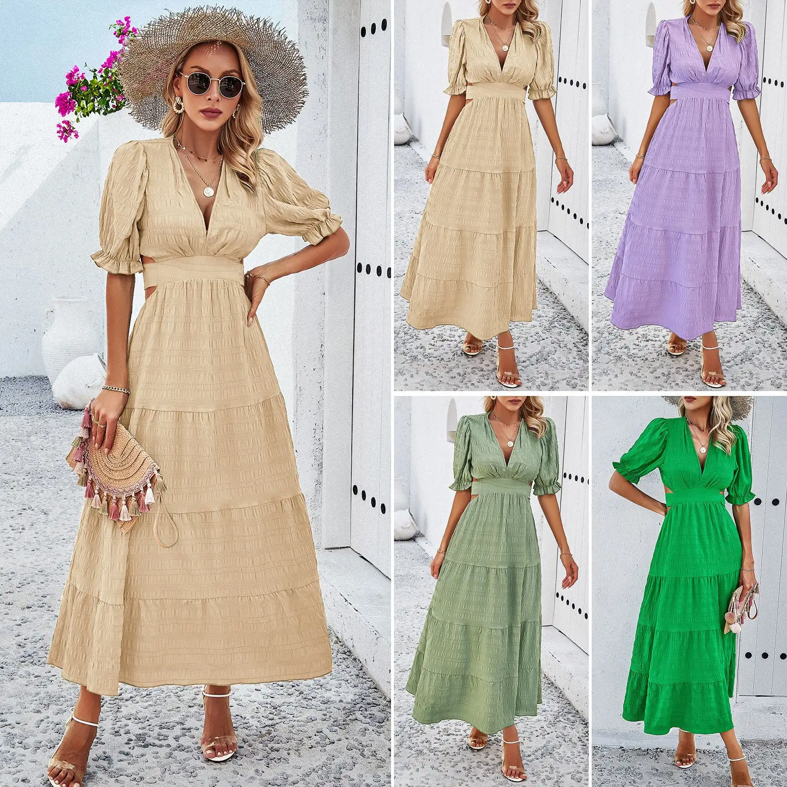 D722 Ladies Elegant Clothing V Neck Tie Back Spaghetti Strap Beach Dresses Natural Puff Short Sleeve Women's 2024 Floral Summer