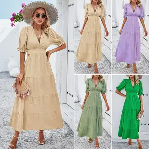 D722 Phụ Nữ Thanh Lịch Quần Áo V Cổ Tie Lại Spaghetti Dây Đeo Bãi Biển Dresses Puff Ngắn Tay Áo Của Phụ Nữ 2024 Hoa Mùa Hè Tự Nhiên