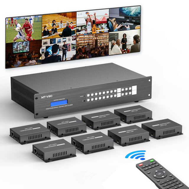 MT-VIKI 8 in 24 Out HDMI Extender Matrix 8x8, 4K60Hz Over CAT6 Ethernet Cable, with 8 POC Receivers, Web GUI, RS232